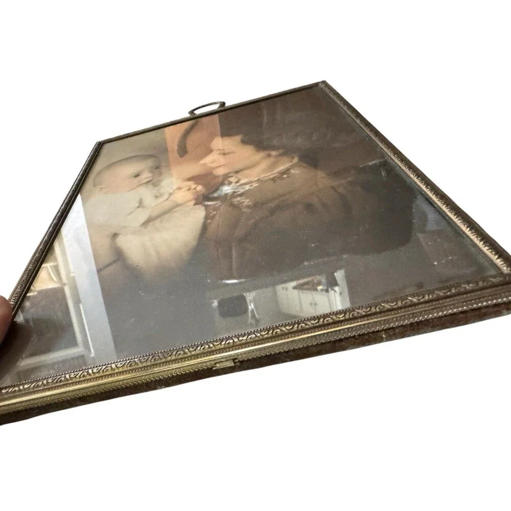VTG 30s Brass Photo Frame Mother and Child Ornate Embossed Velvet Back Italian
